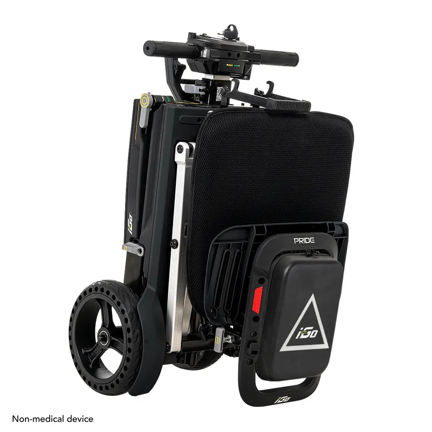 Folding mobility scooter in compact folded position, black frame with mesh seat back, carry handle, and removable battery