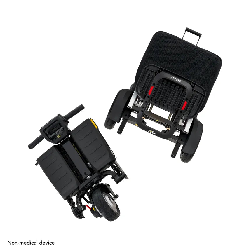Folding power scooter shown from above in unfolded and folded positions, black frame with red accents and carry handle