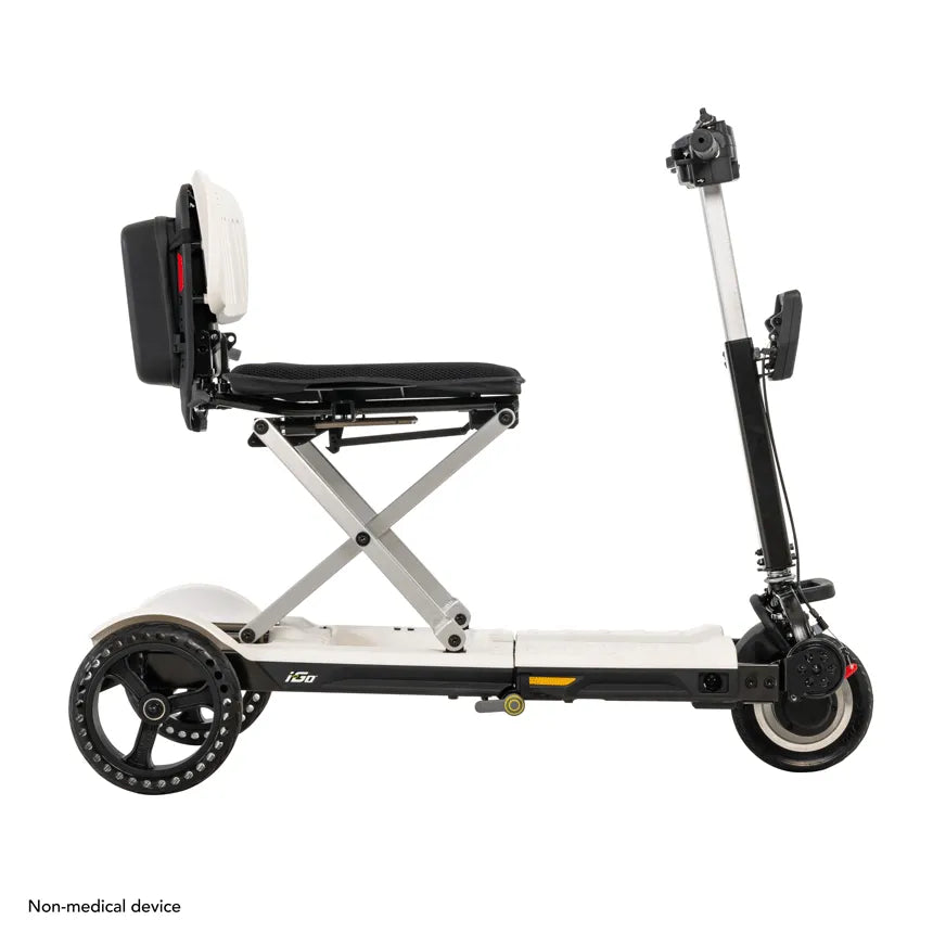 Folding mobility scooter in white with black seat, backrest, and three wheels, shown in unfolded position from the side