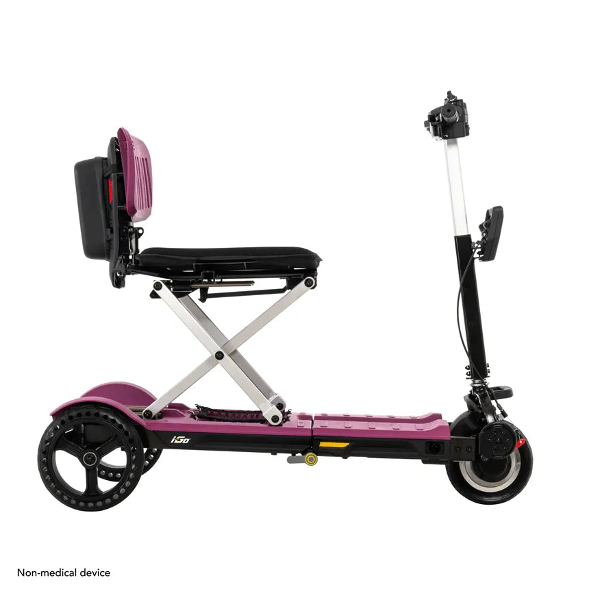 Folding mobility scooter in purple with black seat, X-frame folding mechanism, and three wheels, shown from the side