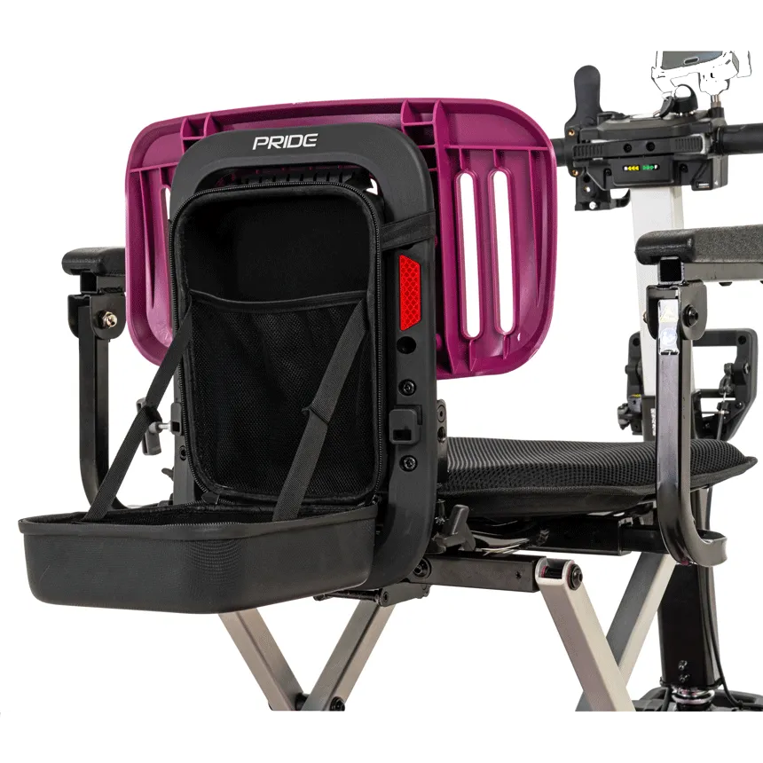 Folding mobility scooter rear view showing purple back panel, black mesh bag with red reflector, tray, and control tiller
