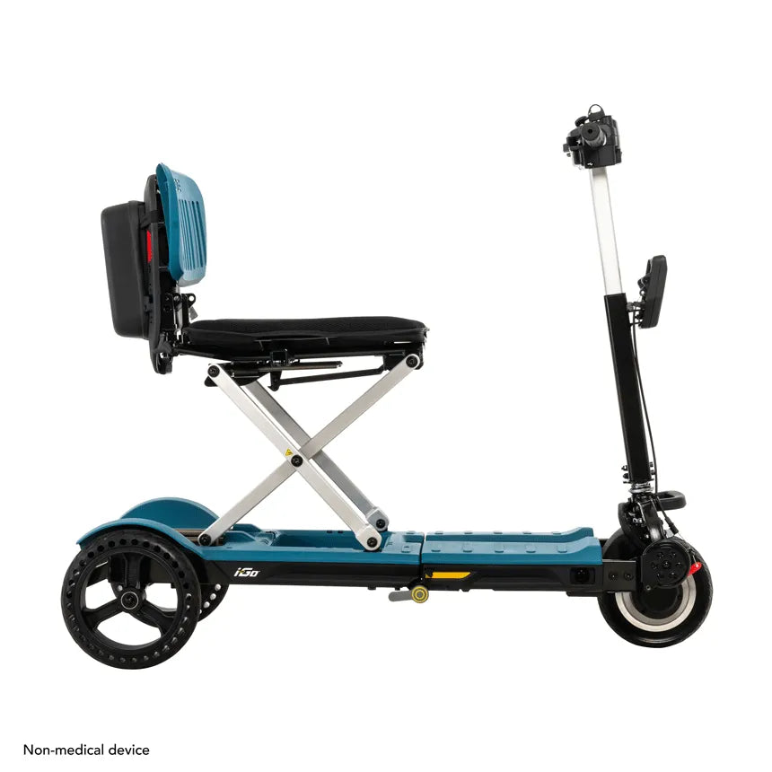 Folding mobility scooter in teal with black seat, cross-brace frame, tiller steering column, and three wheels, shown from