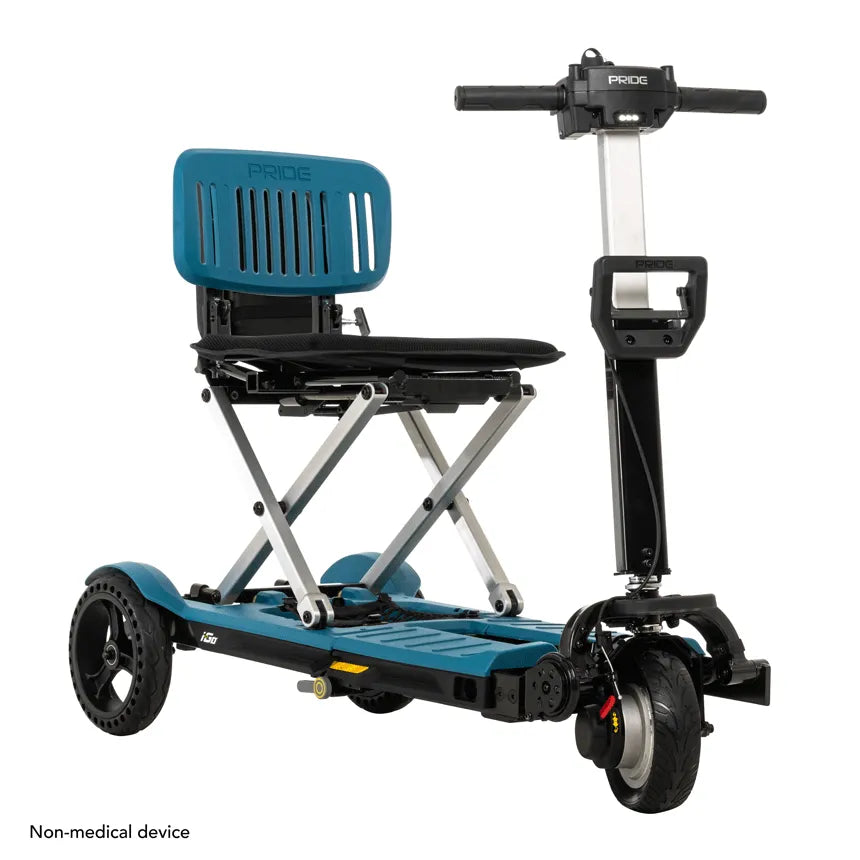 Folding mobility scooter with teal seat back, black cushion, scissor-fold frame, four wheels, and handlebar tiller on white