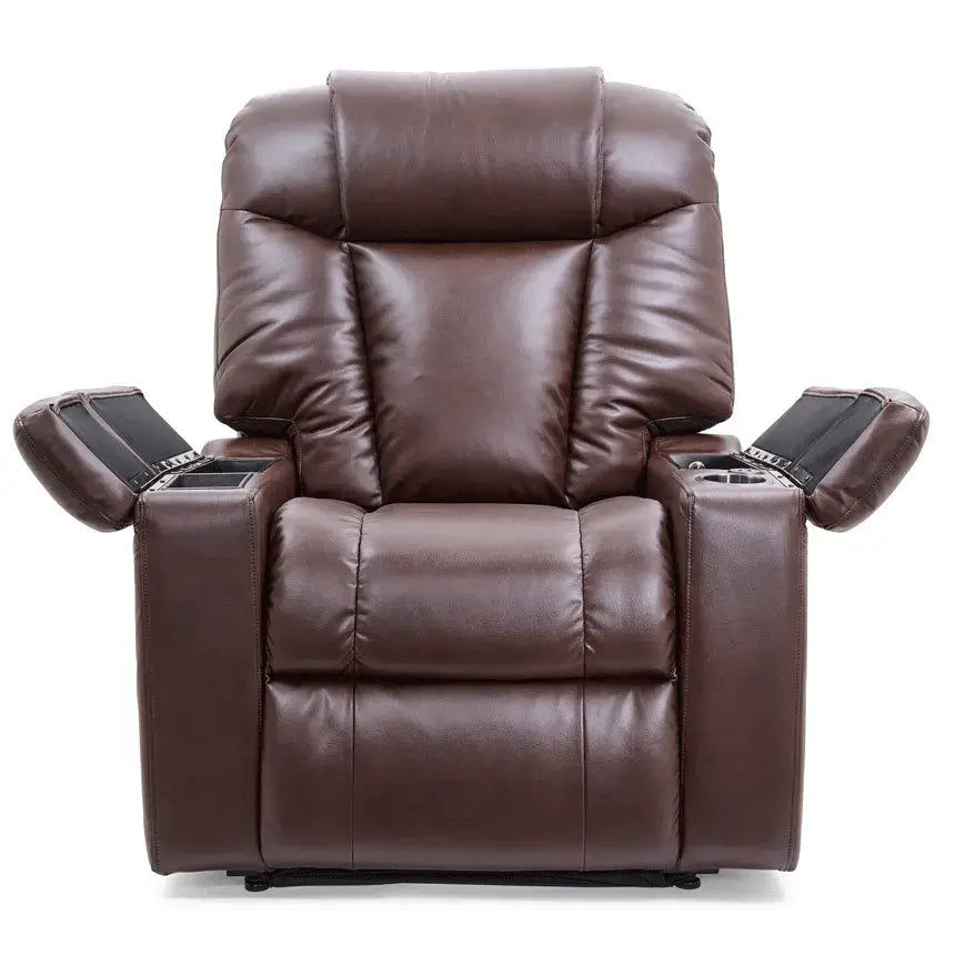 Power lift recliner chair in brown faux leather with open armrest storage compartments and cup holders, front view