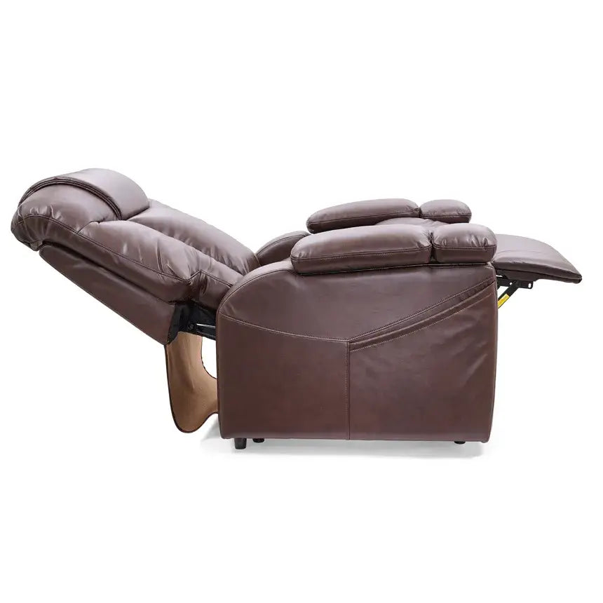 Power lift recliner chair in brown leather upholstery shown fully reclined with footrest extended, side view