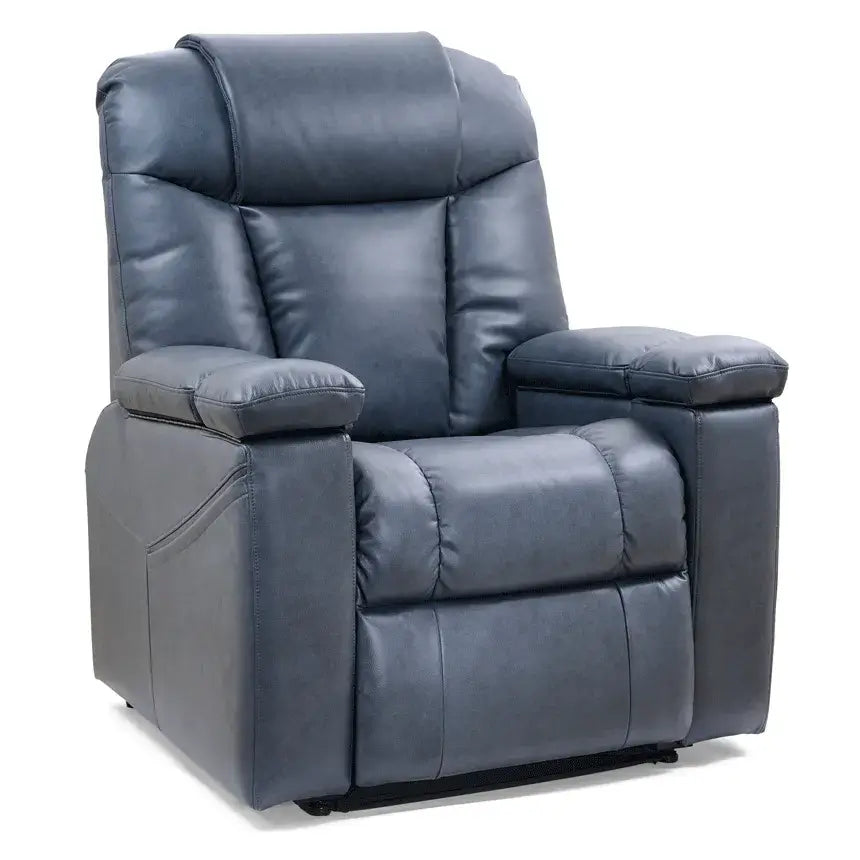 Power lift recliner chair in blue-gray faux leather upholstery with padded arms, tufted back, and upright seating position