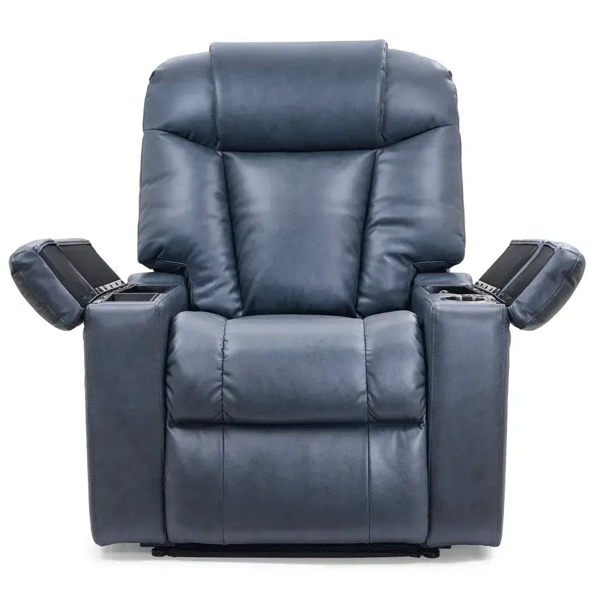 Power lift chair in blue faux leather with open armrest storage compartments, padded seat and headrest, front view