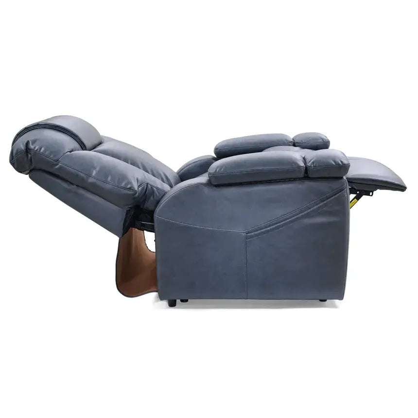 Power lift recliner in gray faux leather shown fully reclined with footrest extended, side view on white background