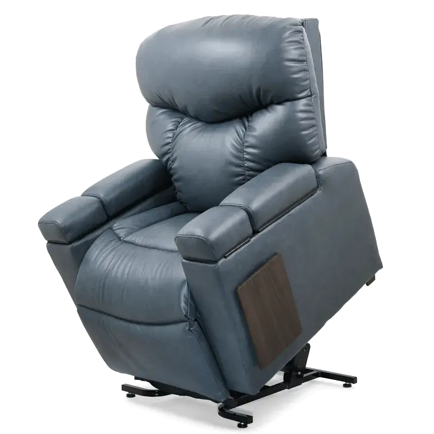 Power lift recliner in blue-gray leather upholstery with tufted pillow back, padded armrests, and side control panel, shown