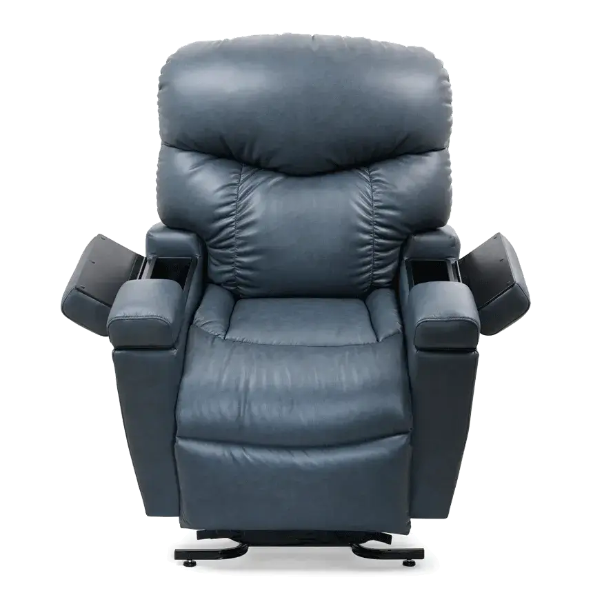 Power lift recliner in slate blue leather upholstery with padded headrest, wide seat, and open armrests, shown from front