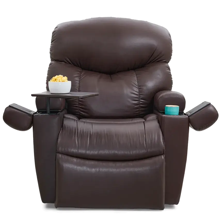Power lift recliner in dark brown upholstery with padded armrests, swivel side tray holding a bowl, and cup holder on