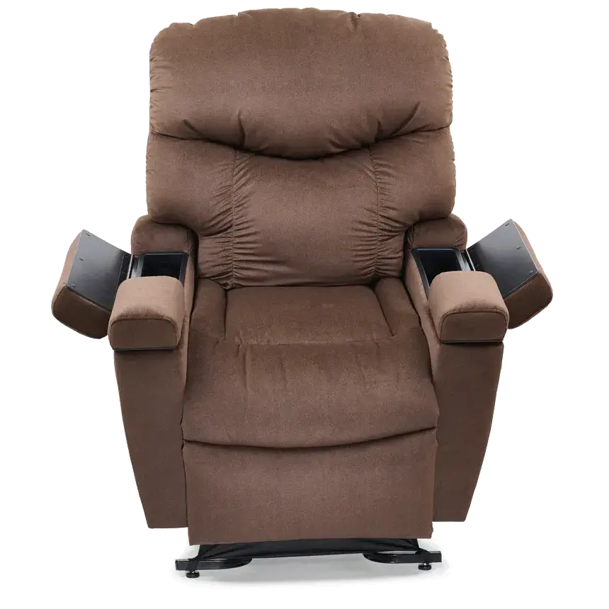 Power lift recliner in brown fabric upholstery with tufted back, padded armrests, and open armrest storage compartments