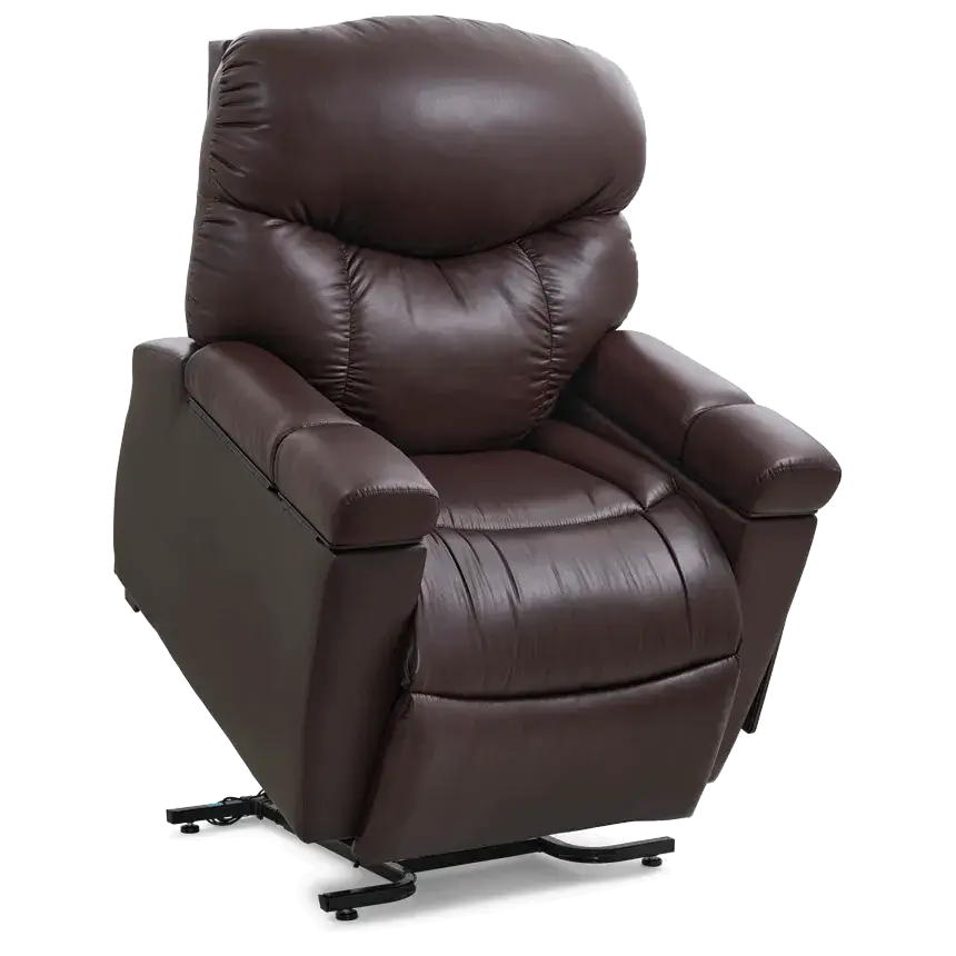 Power lift recliner chair in dark brown leather-like upholstery with pillow-top back, padded armrests, and metal base