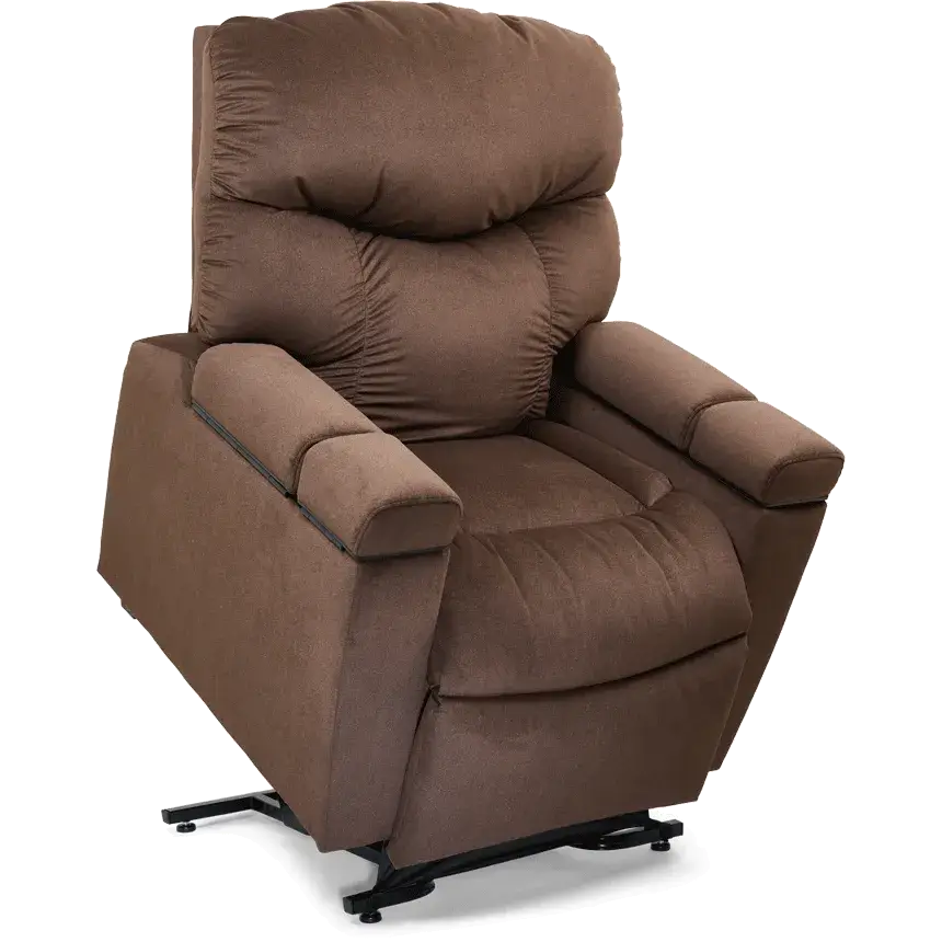 Power lift recliner in brown fabric upholstery with pillow-top back, padded armrests, and metal base frame, shown in upright