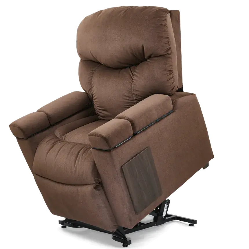 Power lift recliner in brown fabric shown in partially reclined position with visible lift mechanism and side pocket