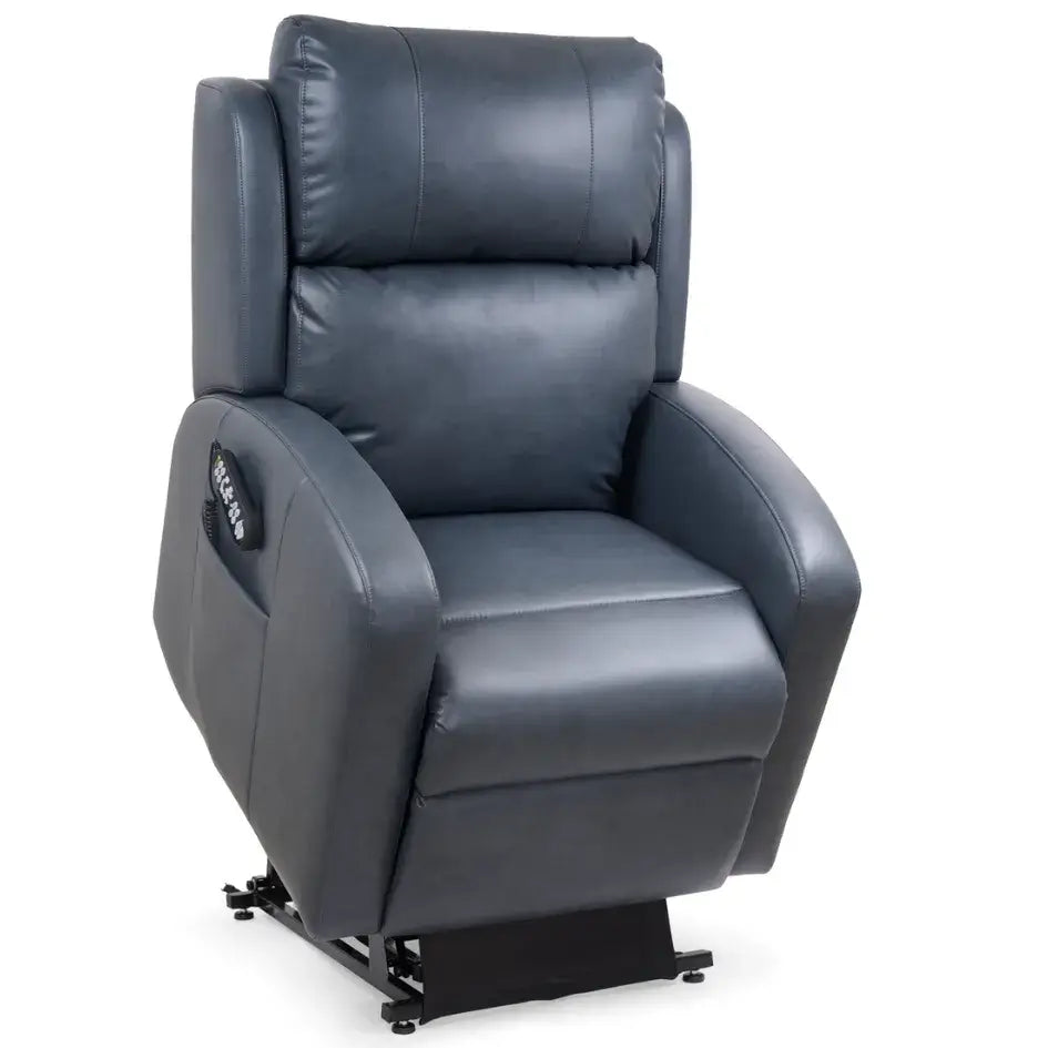 Power lift recliner chair in slate blue faux leather upholstery with side-mounted control panel, shown in upright seated