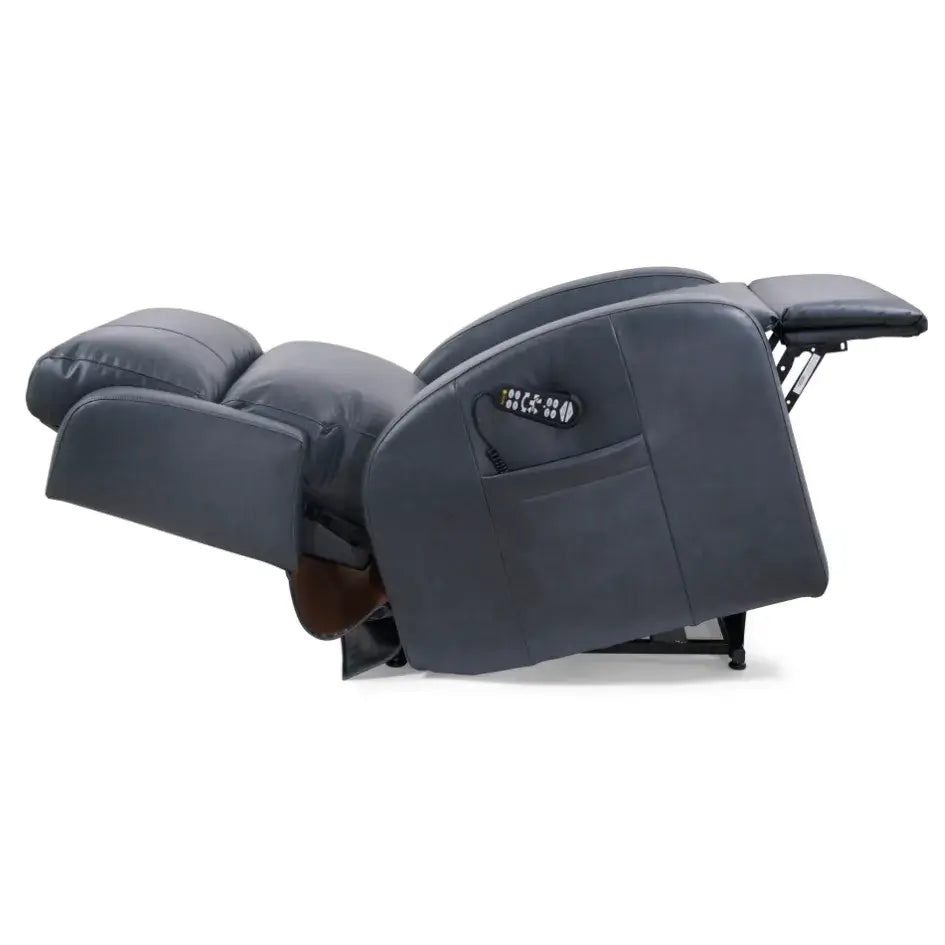 Power lift recliner chair in gray upholstery shown fully reclined with footrest extended and side pocket with remote control