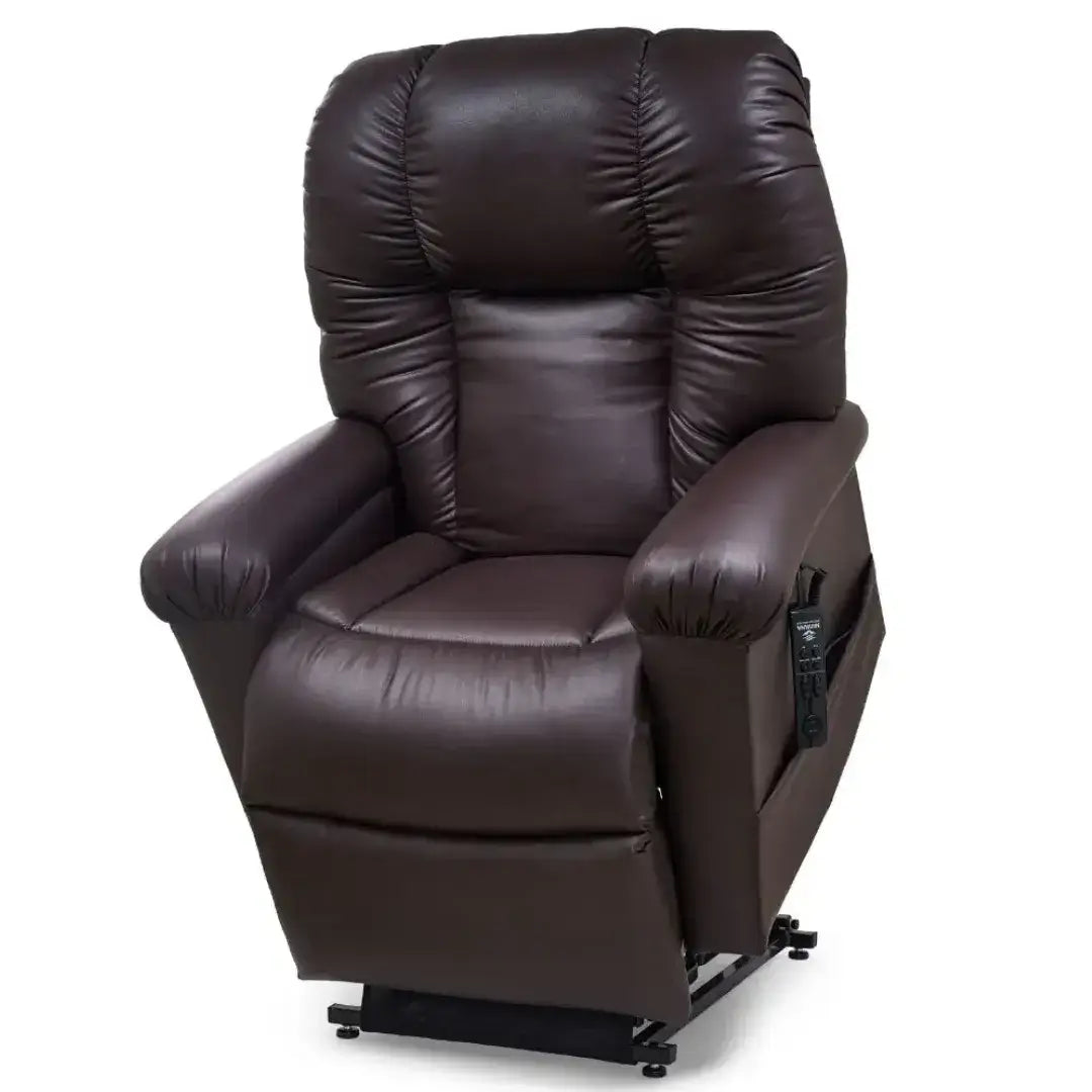 Power lift recliner chair in dark brown leather upholstery with tufted back, padded armrests, and side-mounted control panel