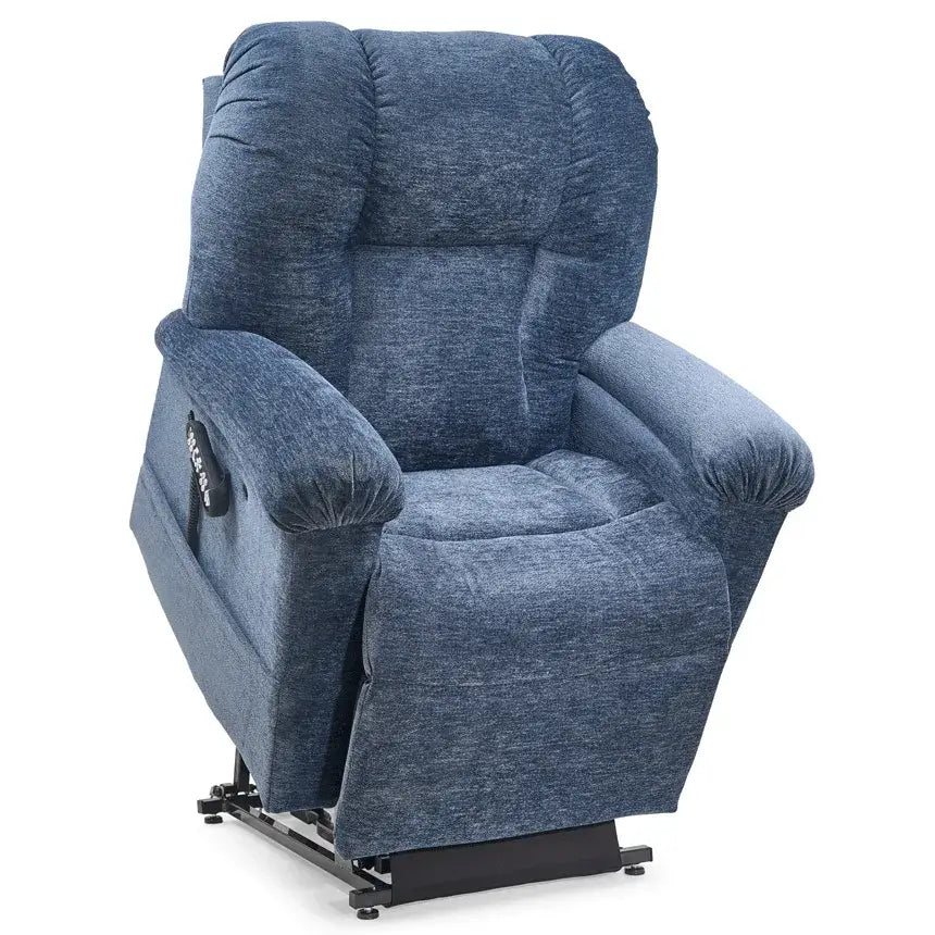 Power lift recliner in blue chenille fabric with tufted back, padded armrests, side pocket, and wired remote control