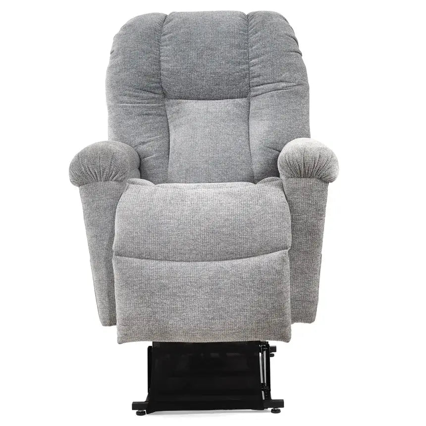 Power lift recliner chair in gray woven fabric with tufted back, rolled arms, and visible lift mechanism base, front view
