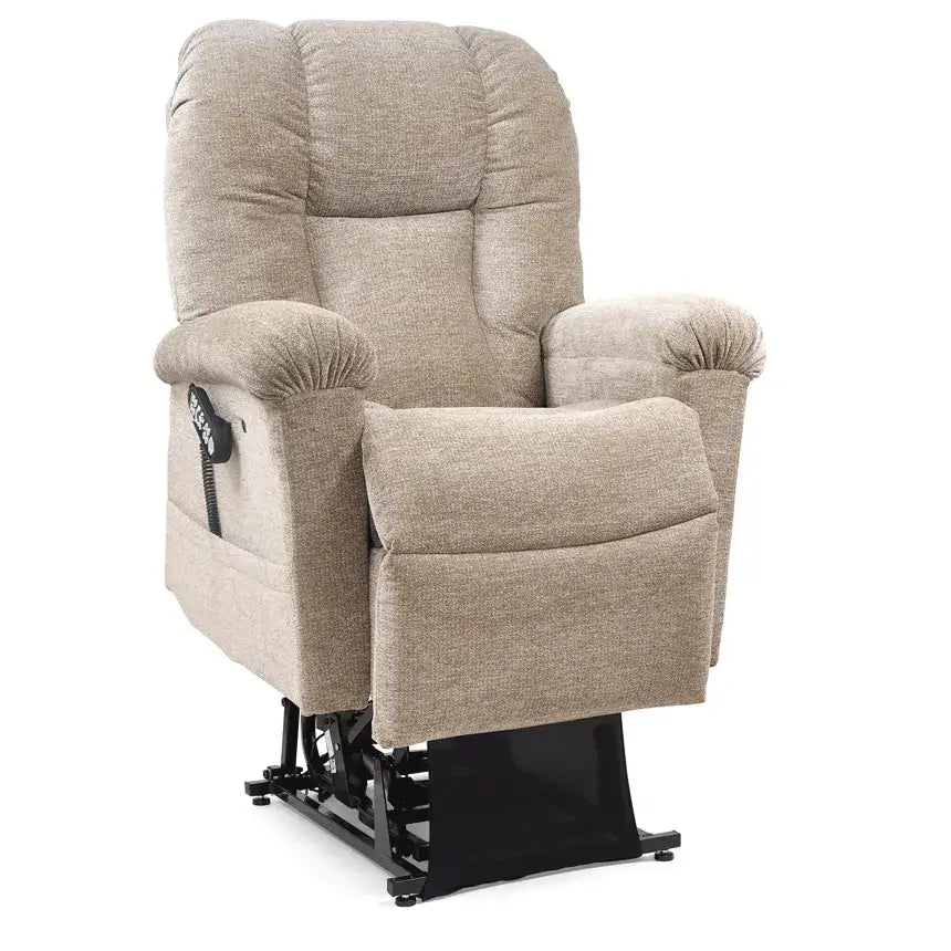 Power lift recliner chair in beige fabric with tufted back, padded armrests, wired remote, and raised lift base mechanism