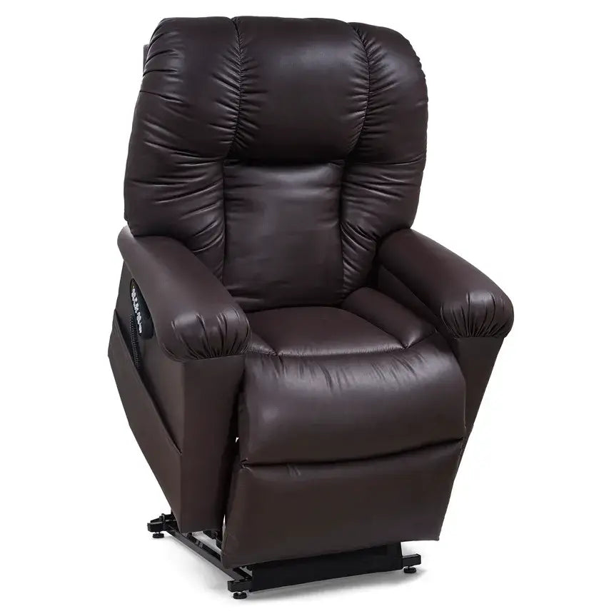 Power lift recliner chair in dark brown faux leather upholstery with tufted back, padded armrests, and side control panel