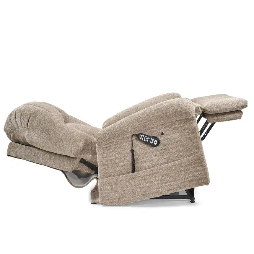 Power lift recliner in beige fabric shown fully reclined with footrest extended and side remote control visible