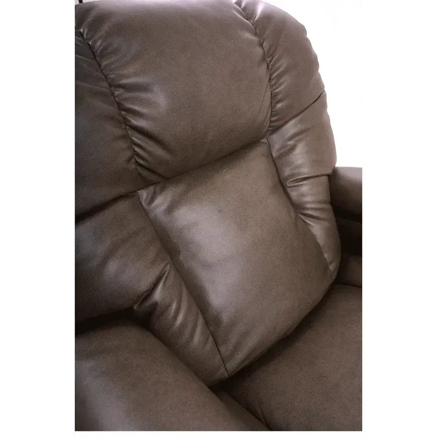Lift chair close-up showing plush brown leather-style cushioned back, seat, and armrest padding
