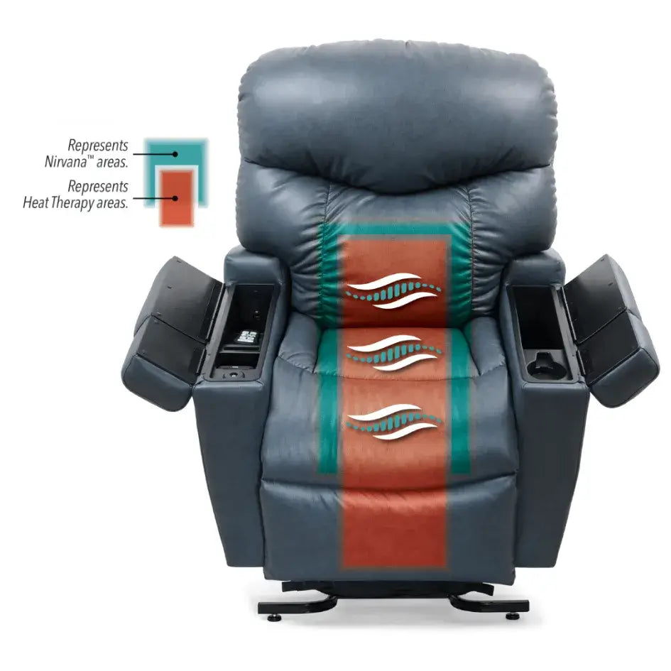 Power lift recliner in blue leather with diagram showing heat therapy and massage zone locations on seat back and cushion