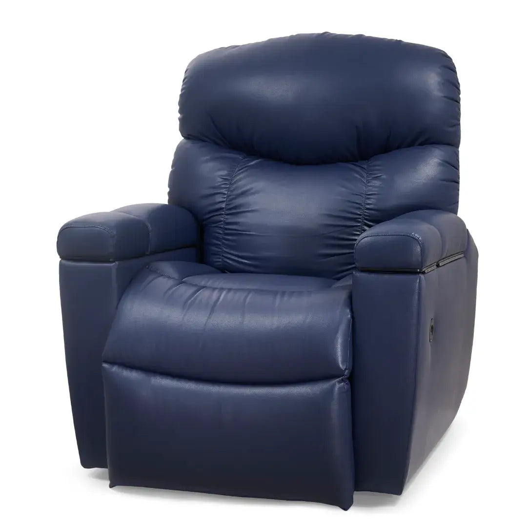 Power lift recliner in navy blue faux leather upholstery with pillow-top back, padded armrests, and extended footrest