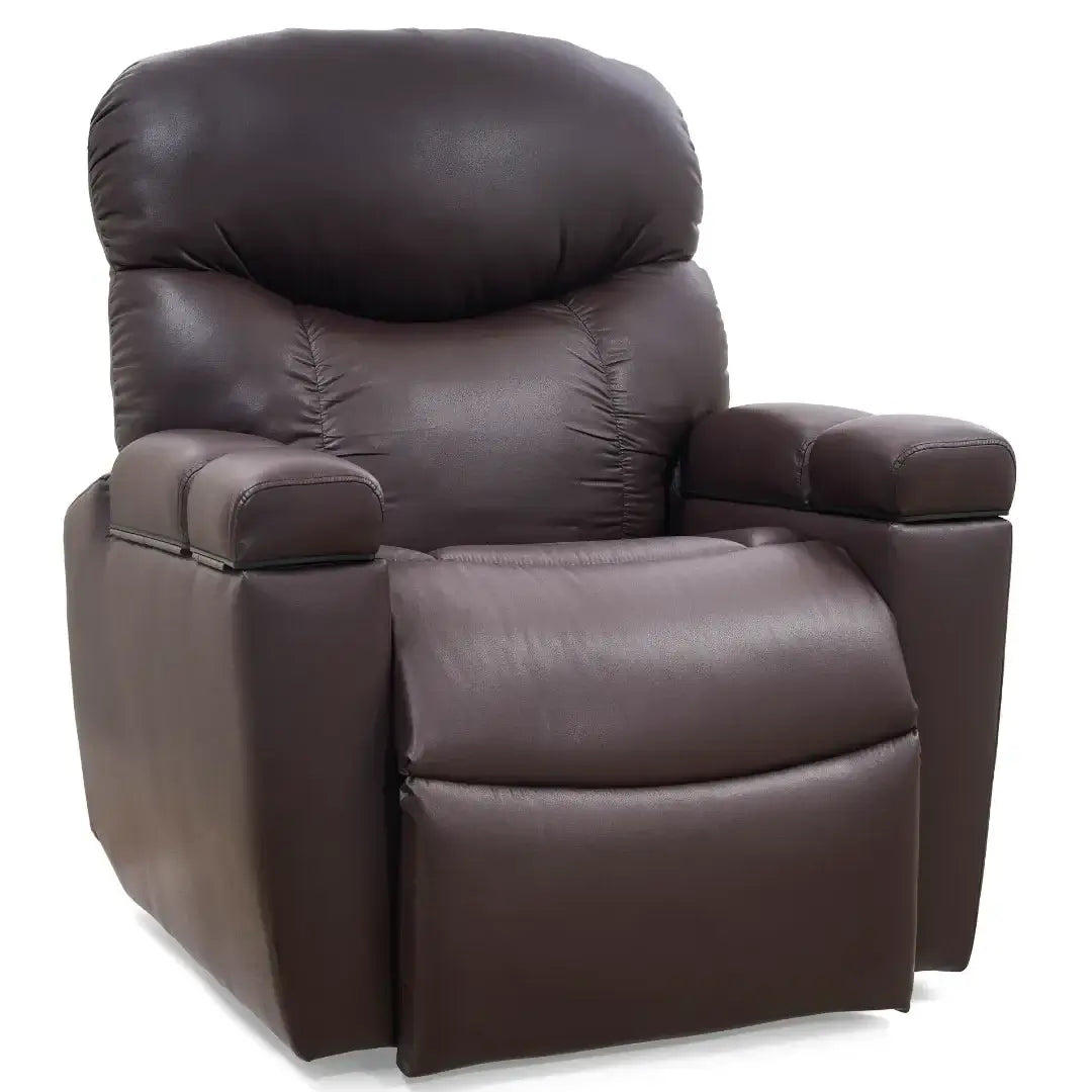 Power lift recliner in dark brown faux leather with extended footrest, padded arms, and tufted pillow-top back