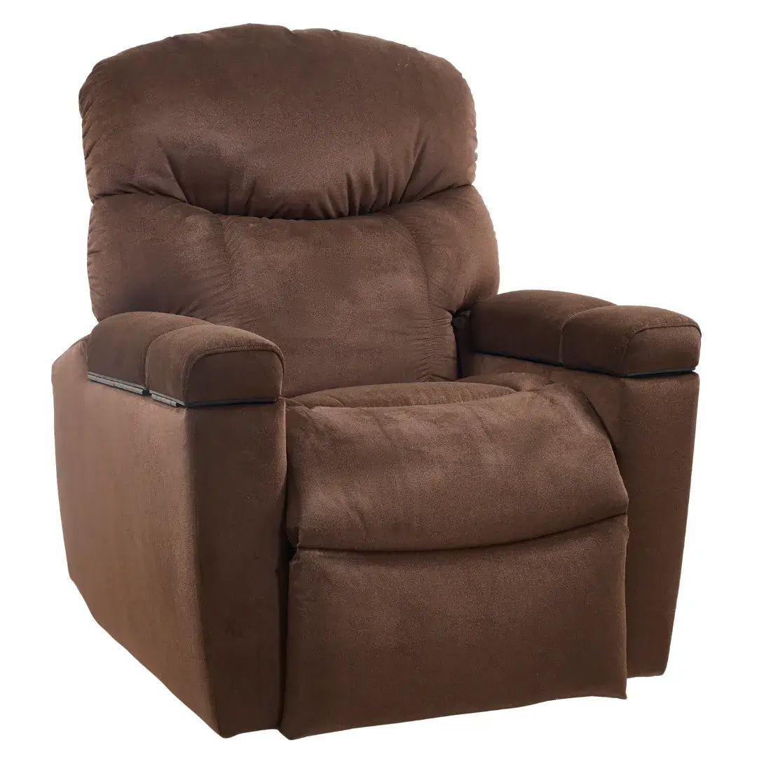 Power lift recliner chair upholstered in brown microfiber fabric with padded armrests and rounded headrest cushion