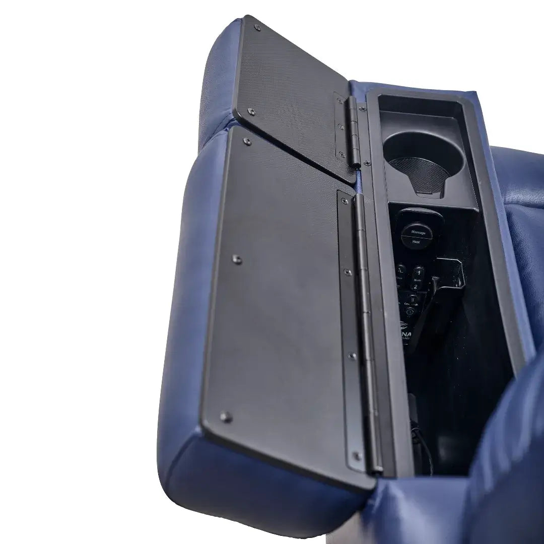 Power lift recliner armrest console open, showing built-in cup holder and remote control storage compartment, blue upholstery