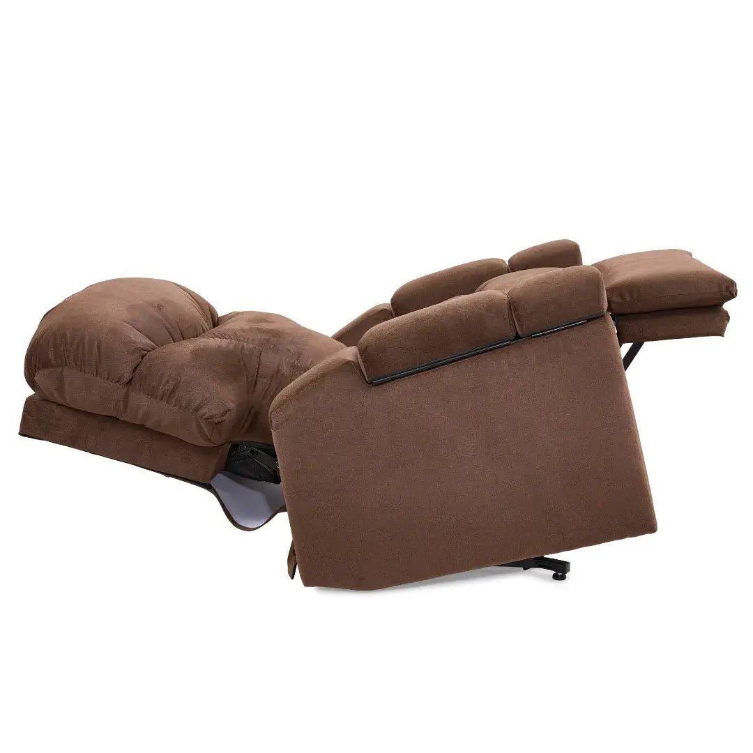 Power lift recliner in brown fabric shown fully reclined in flat Twilight position, side angle view on white background