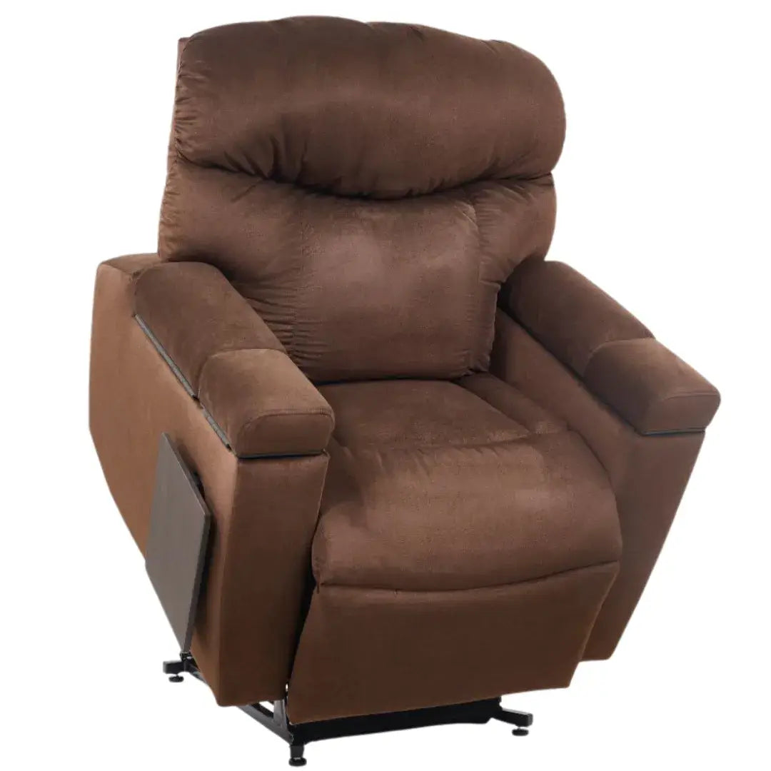 Power lift recliner in brown microfiber upholstery with pillow-top back, padded armrests, and visible lift mechanism base