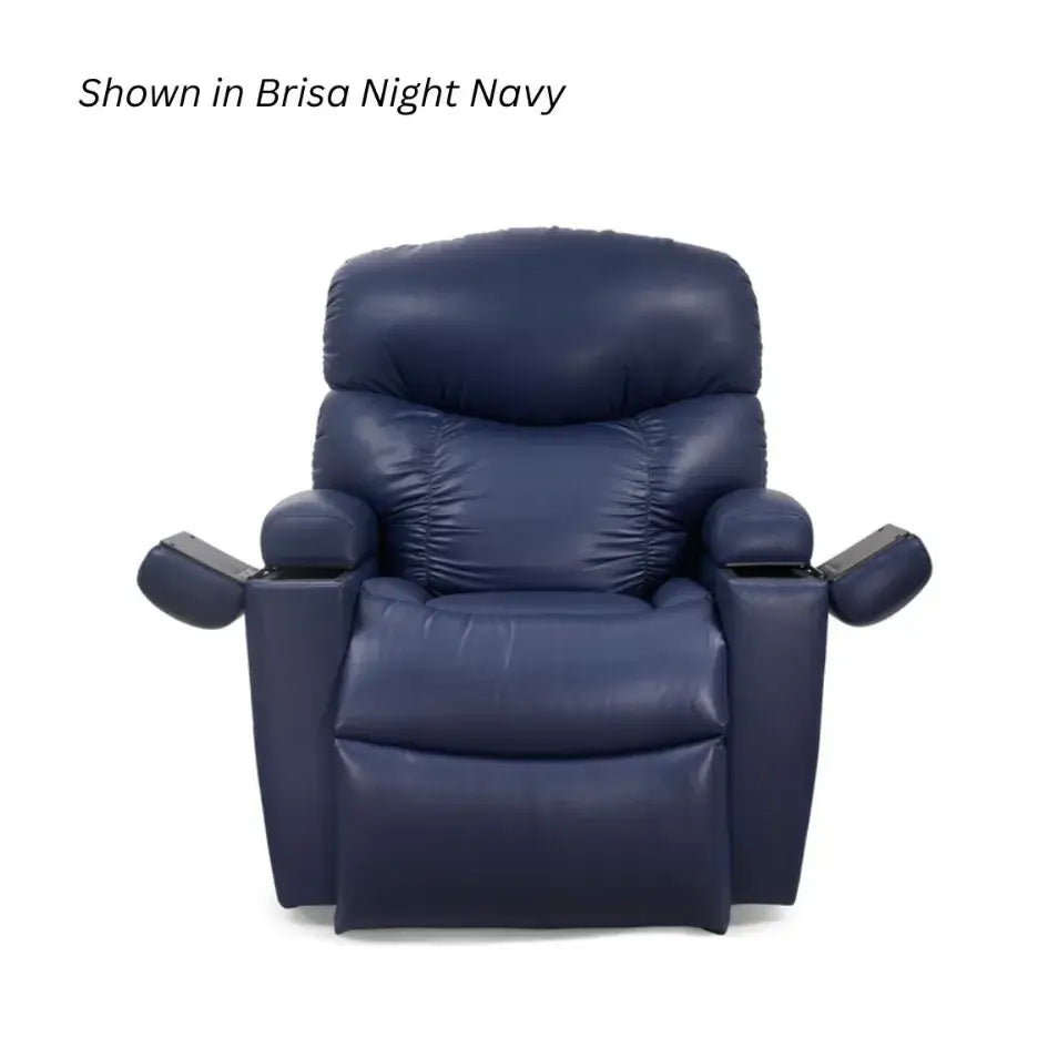 Power lift recliner in navy blue faux leather upholstery with padded armrests and pillow-back cushioning, front view