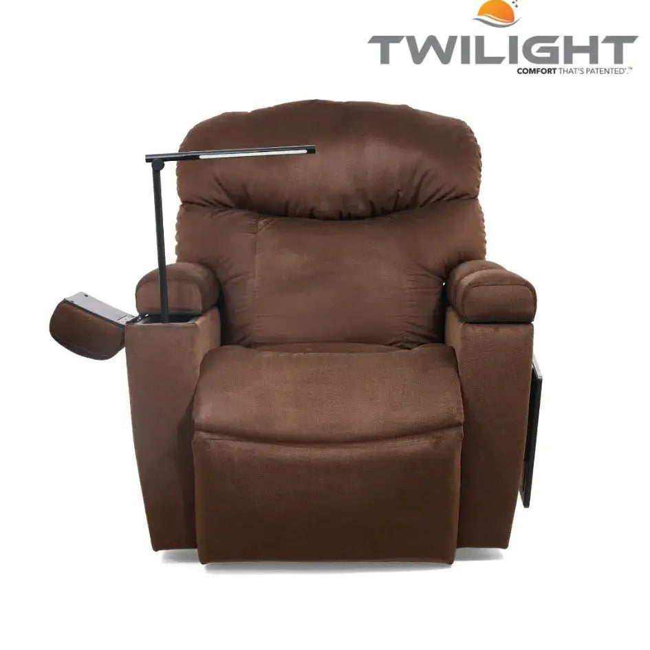 Power lift recliner in brown fabric with adjustable arm-mounted reading light and side control panel, shown from front