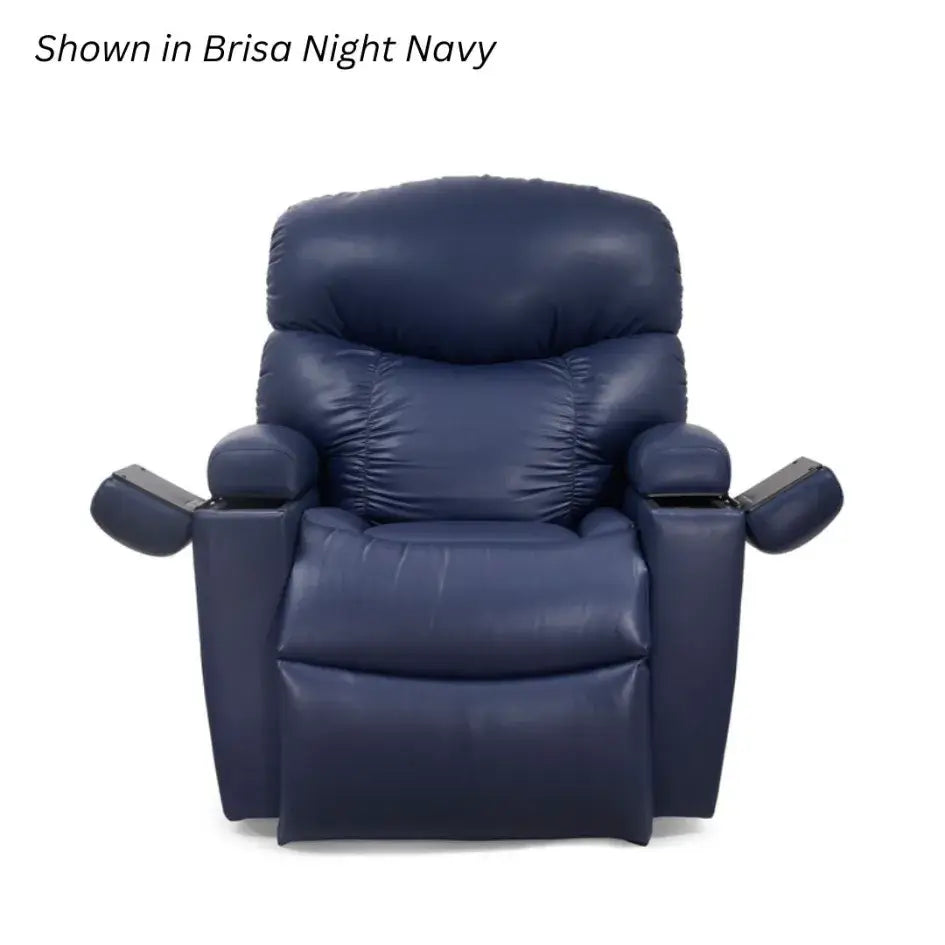 Power lift recliner in navy blue faux leather upholstery with padded armrests and built-in cup holders, shown from front