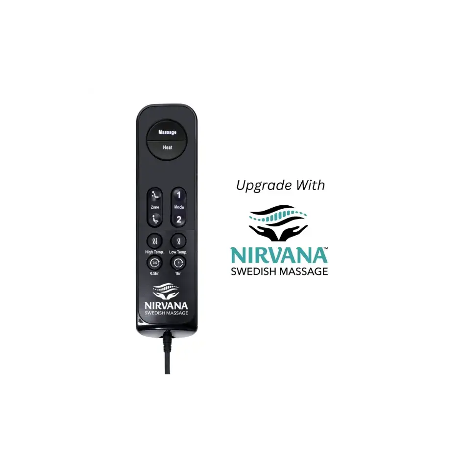 Nirvana Swedish Massage wired remote control with massage, heat, zone, mode, and timer buttons in black