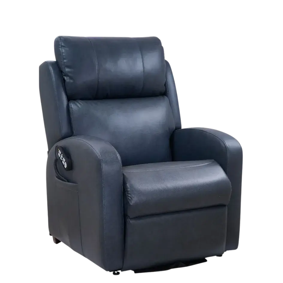 Lift recliner chair in navy blue upholstery with padded headrest, armrests, and side-mounted control panel
