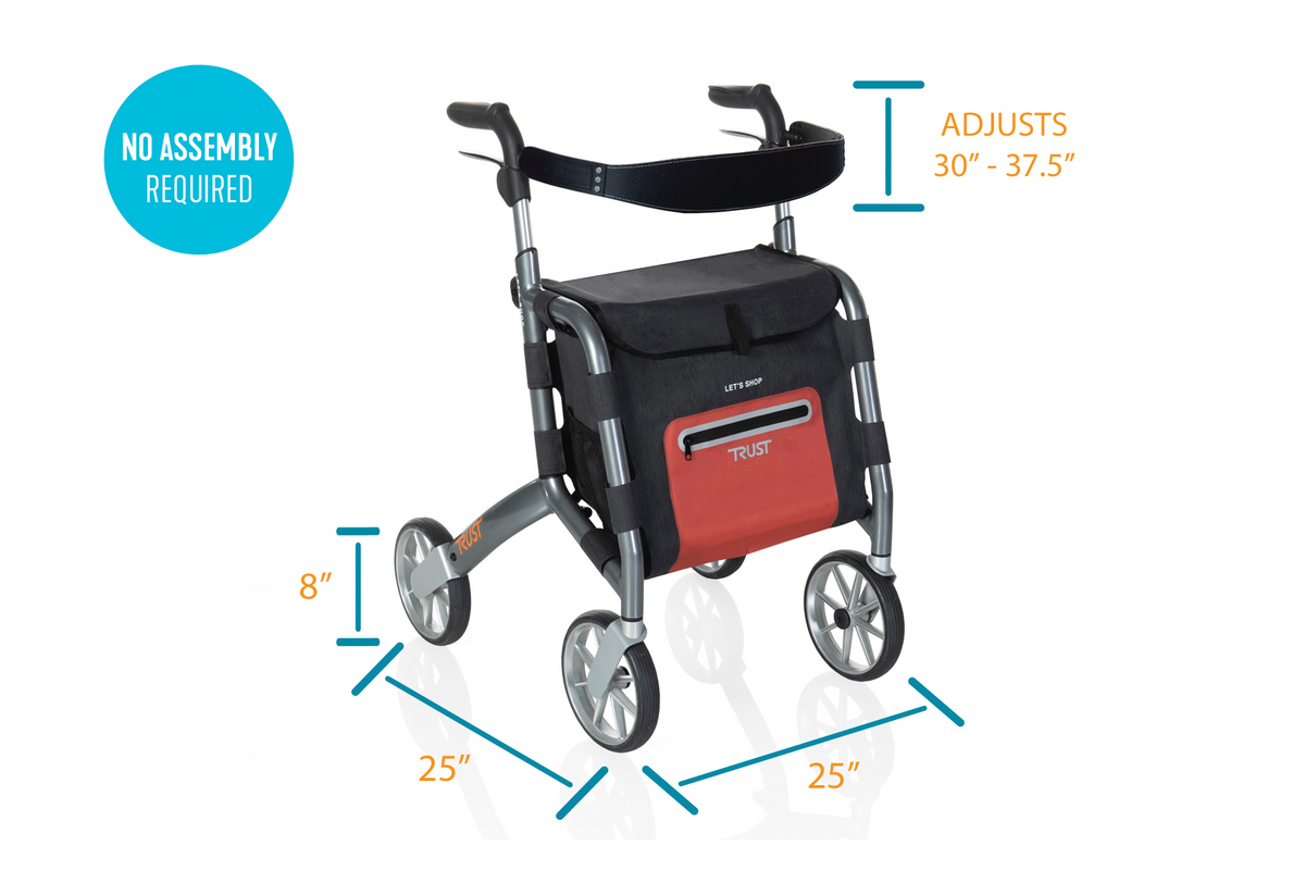 Let's Shop Rollator with gray frame, black padded seat, large wheels, and red-accented storage bag, shown with dimension