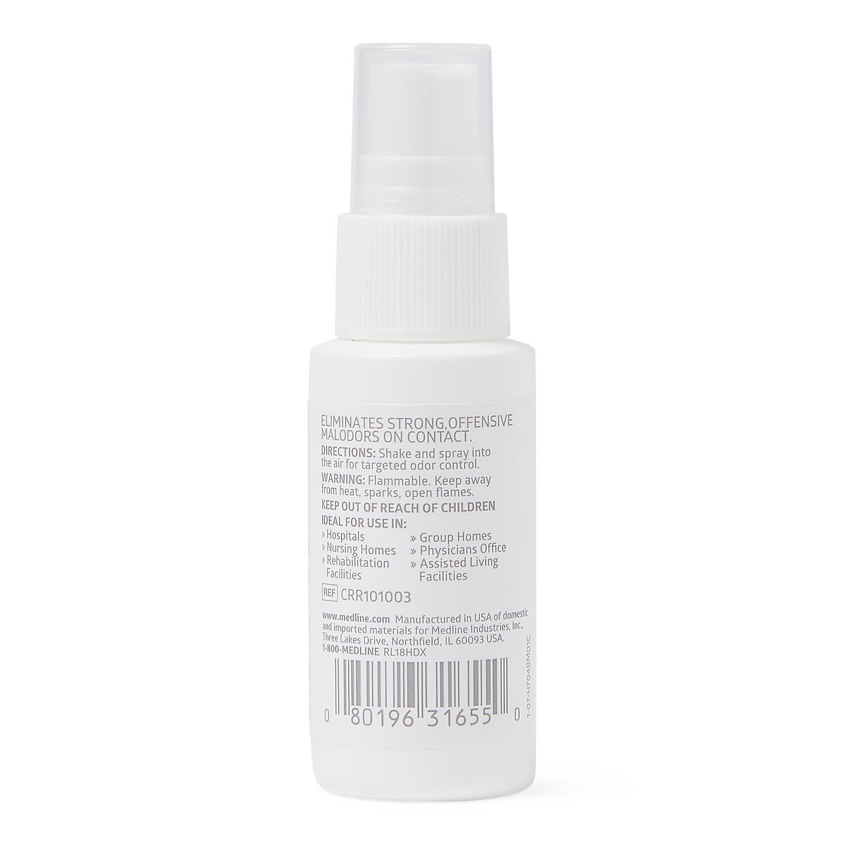 Odor eliminator spray bottle showing back label with directions, warnings, and barcode on white background