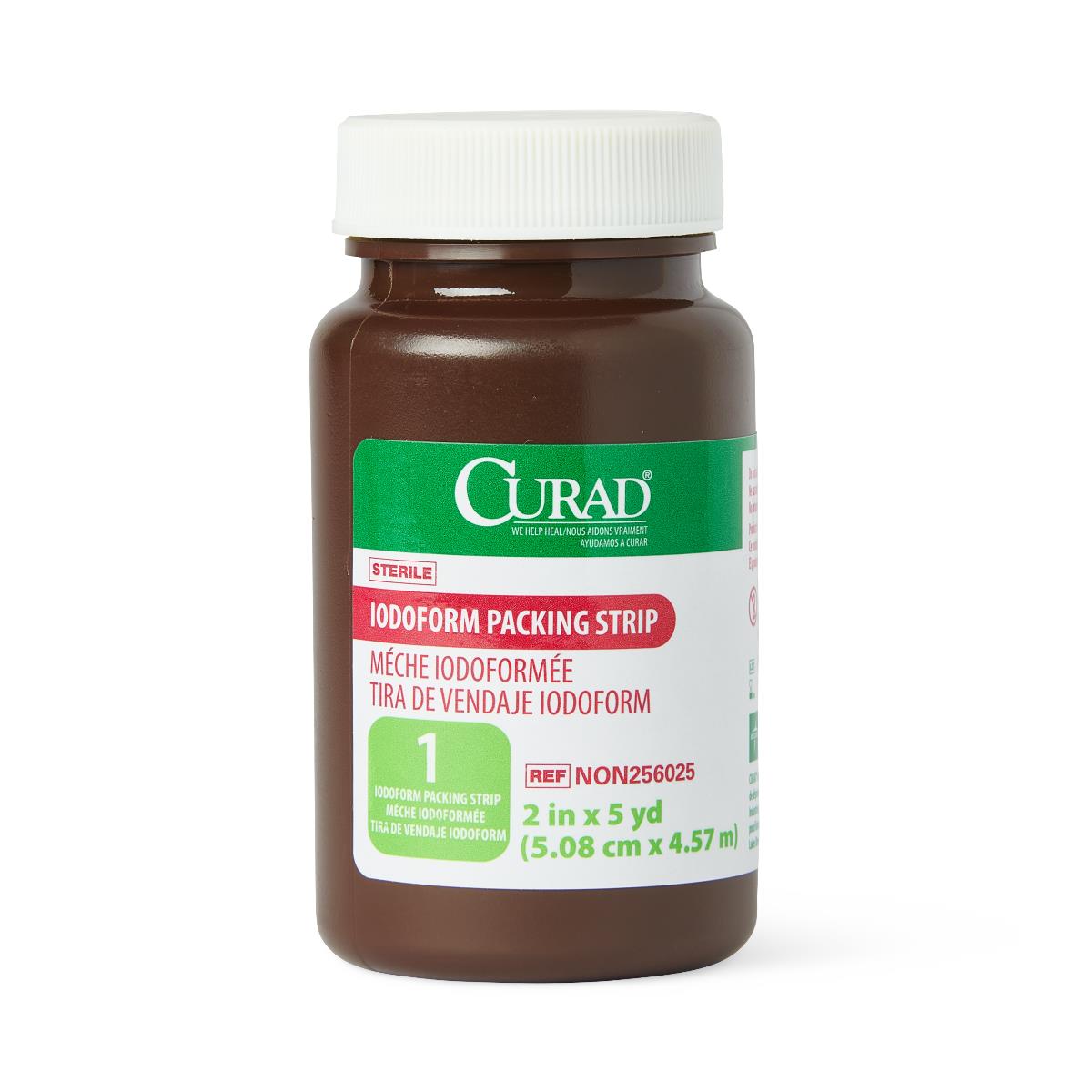 Iodoform packing strip in a brown plastic jar with white cap, labeled sterile, 2 in x 5 yd