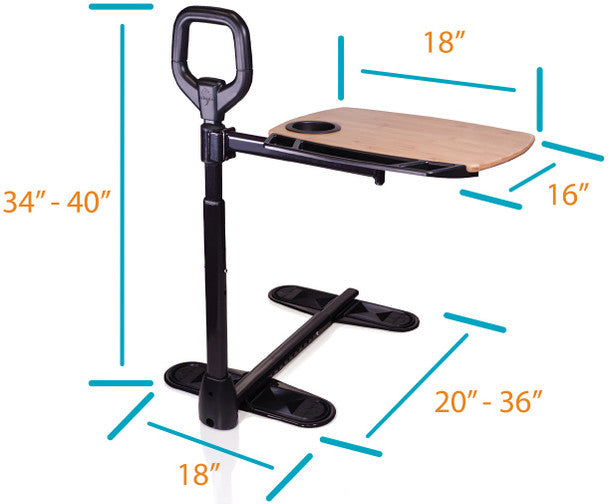 Stander Assist-A-Tray floor stand with wood-tone swivel tray and grab handle, shown with dimension callouts
