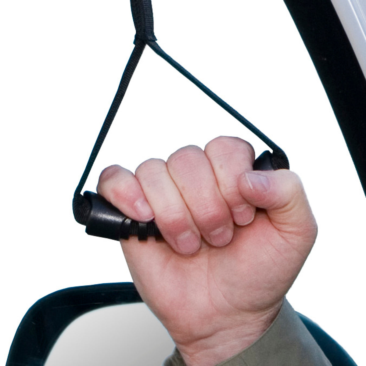 Car caddie portable handle with black strap and grip being held by a hand, looped over a vehicle door frame