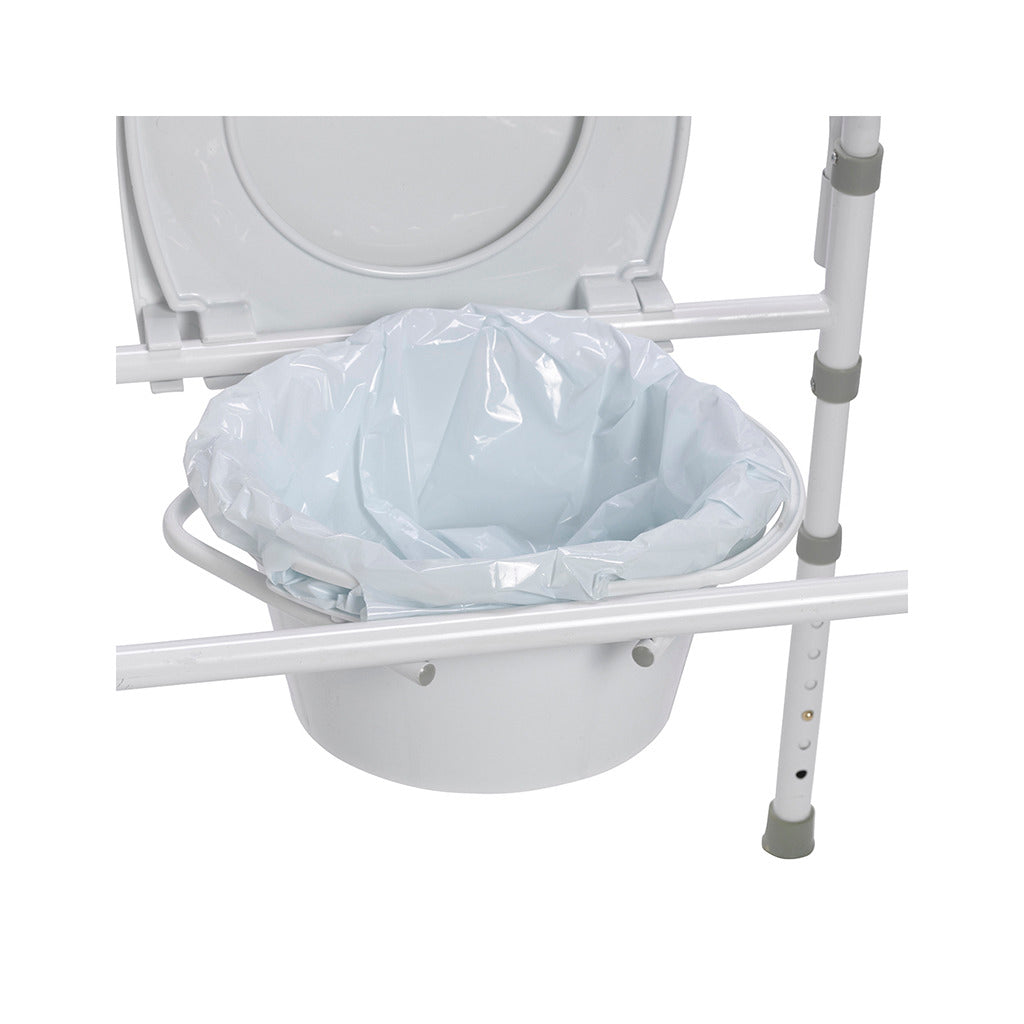 Commode pail liner fitted inside a white plastic commode bucket on a metal bedside commode frame, lid open