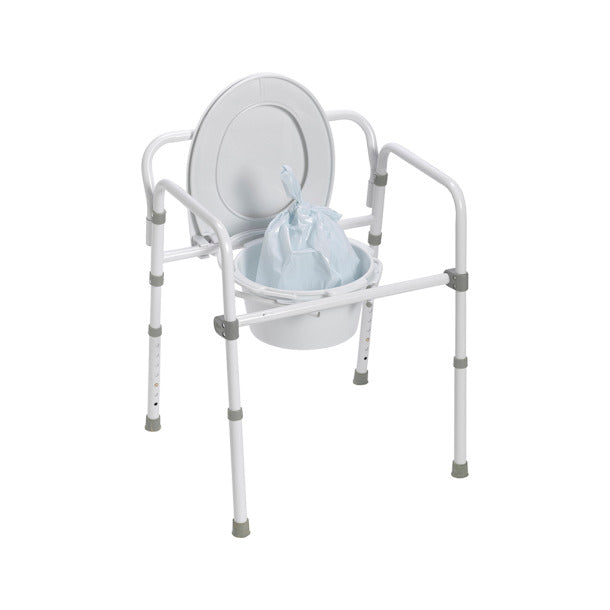 Commode pail liner shown as a light blue plastic bag fitted inside a white bedside commode bucket