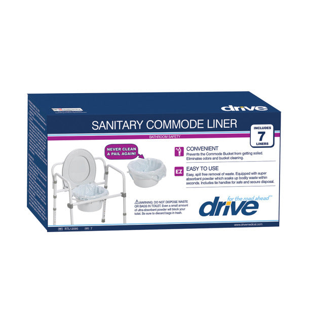 Commode pail liner box by Drive, showing 7 disposable liners with commode chair diagram on navy blue packaging