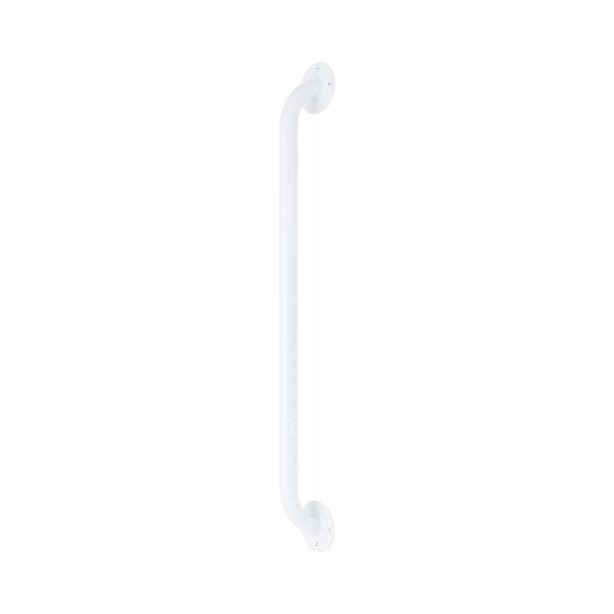 Grab bar with white enamel finish, vertical orientation, two round wall-mount flanges with visible screw holes
