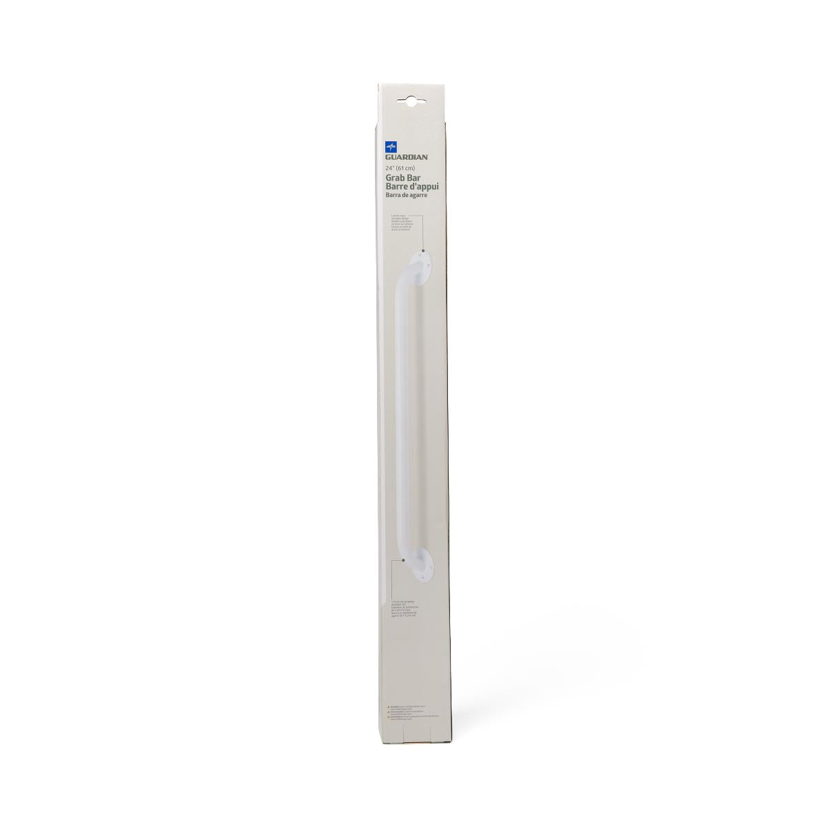 Grab bar in white enamel finish shown in its tall narrow retail box with product image on front panel